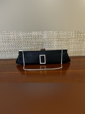 VTG 1990s La Regale East/West Black Satin Evening Clutch with Rhinestone Buckle